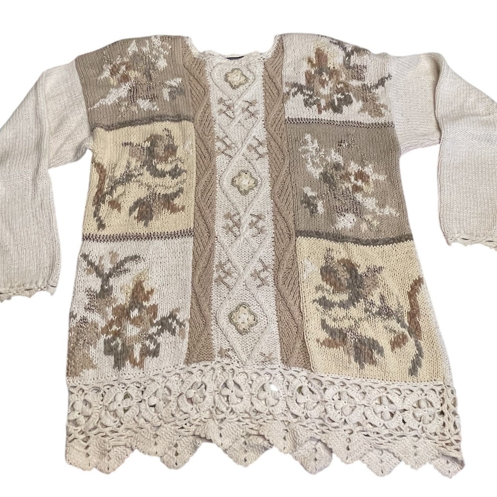 Vtg Private Collection Patchwork Knit Sweater Womens Size Large Cottage Grandma